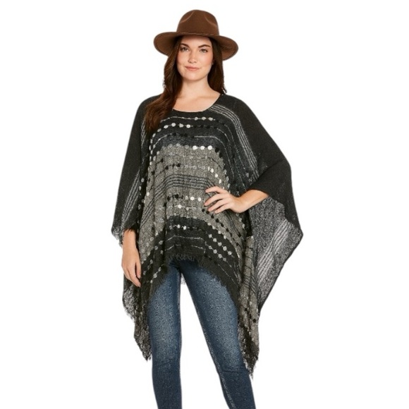 DEMDACO Grey & Black Boho Fringe Southwestern Artisan Western Poncho One Size - Picture 15 of 15